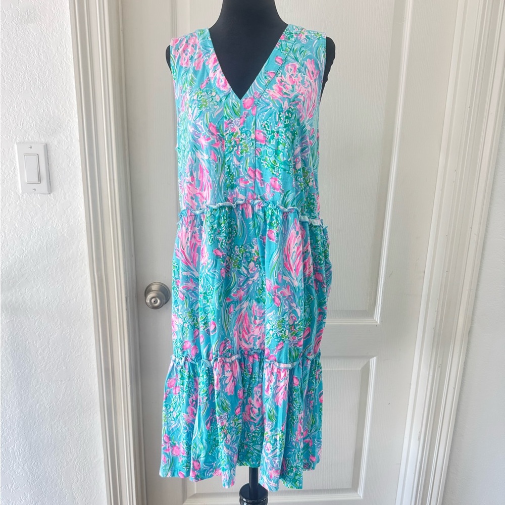 Lilly Pulitzer Lorina Swing Dress Sz LARGE Best Fishes Amalfi Blue